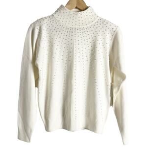 Dressbarn Ivory Faux Peal Embellished Mock Neck Long Sleeve Pullover Sweater PS